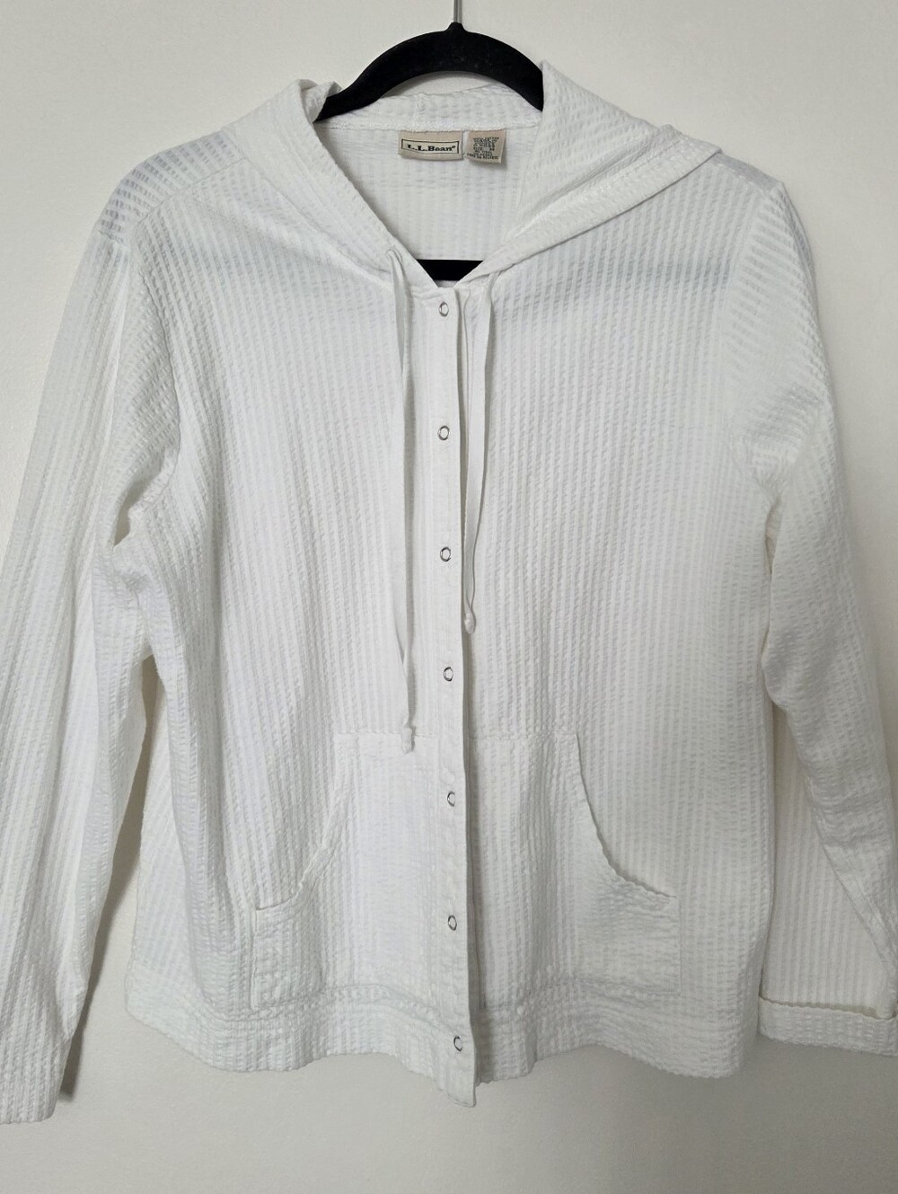 L.L. Bean White Textured Hooded Snap-Front Jacket Medium